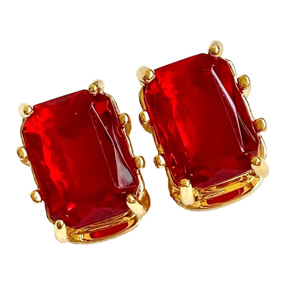 Vintage Jewel Cut Gold Plated Red Glass Clip On Earrings Made in USA New 1970s